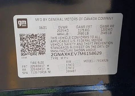 2021 Chevrolet Equinox Fwd Lt из США, поврежденный, VIN 2GNAXKEV7M6158629